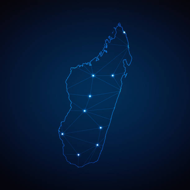 istock Abstract wireframe mesh polygonal map of Madagascar with lights in the form of cities on dark blue background. Vector illustration EPS10 1882039005