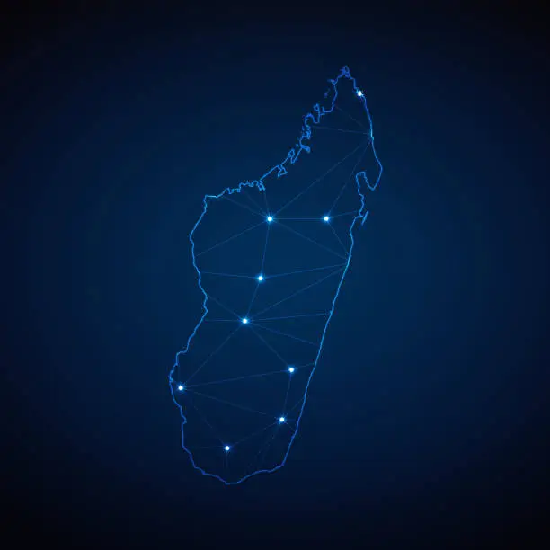 Vector illustration of Abstract wireframe mesh polygonal map of Madagascar with lights in the form of cities on dark blue background. Vector illustration EPS10