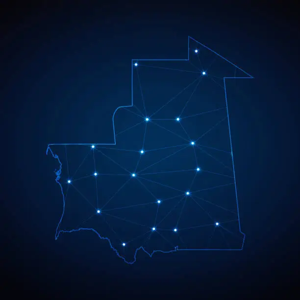 Vector illustration of Abstract wireframe mesh polygonal map of Mauritania with lights in the form of cities on dark blue background. Vector illustration EPS10