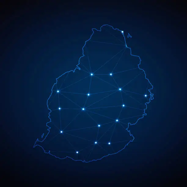 Vector illustration of Abstract wireframe mesh polygonal map of Mauritius with lights in the form of cities on dark blue background. Vector illustration EPS10