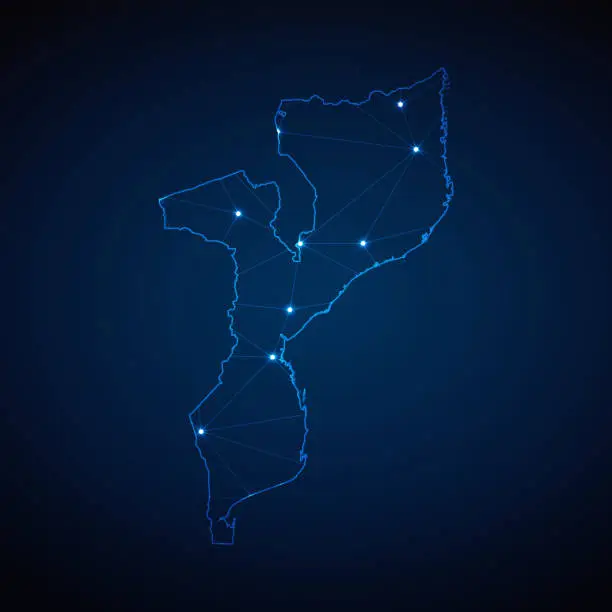 Vector illustration of Abstract wireframe mesh polygonal map of Mozambique with lights in the form of cities on dark blue background. Vector illustration EPS10