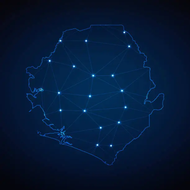 Vector illustration of Abstract wireframe mesh polygonal map of Sierra Leone with lights in the form of cities on dark blue background. Vector illustration EPS10