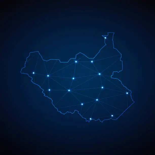 Vector illustration of Abstract wireframe mesh polygonal map of South Sudan with lights in the form of cities on dark blue background. Vector illustration EPS10