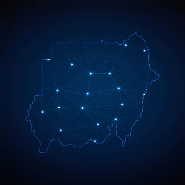 Vector illustration of Abstract wireframe mesh polygonal map of Sudan with lights in the form of cities on dark blue background. Vector illustration EPS10