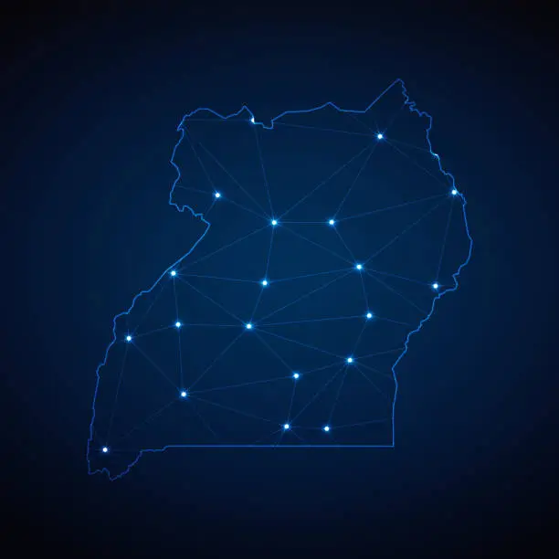 Vector illustration of Abstract wireframe mesh polygonal map of Uganda with lights in the form of cities on dark blue background. Vector illustration EPS10