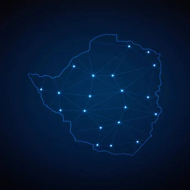 Vector illustration of Abstract wireframe mesh polygonal map of Zimbabwe with lights in the form of cities on dark blue background. Vector illustration EPS10