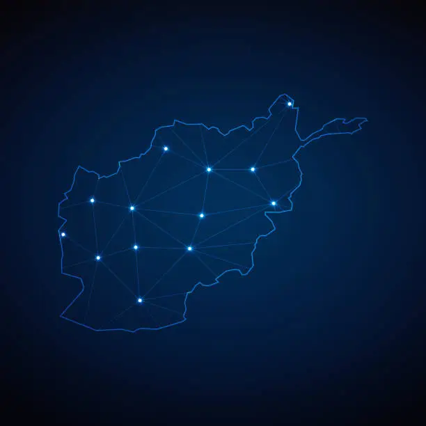 Vector illustration of Abstract wireframe mesh polygonal map of Afghanistan with lights in the form of cities on dark blue background. Vector illustration EPS10