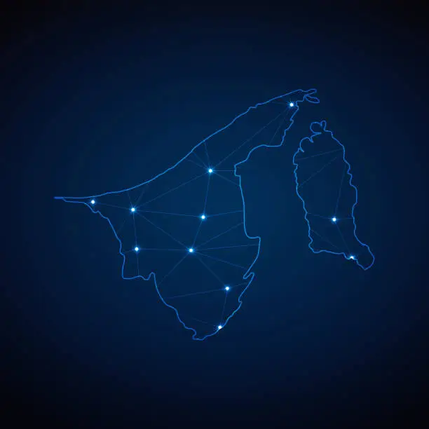 Vector illustration of Abstract wireframe mesh polygonal map of Brunei with lights in the form of cities on dark blue background. Vector illustration EPS10