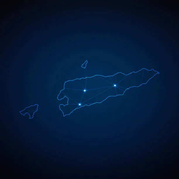 Vector illustration of Abstract wireframe mesh polygonal map of East Timor or Timor-Leste with lights in the form of cities on dark blue background. Vector illustration EPS10