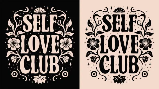 Vector illustration of Self love club lettering self care quotes black and pink groovy floral girl aesthetic mental health text