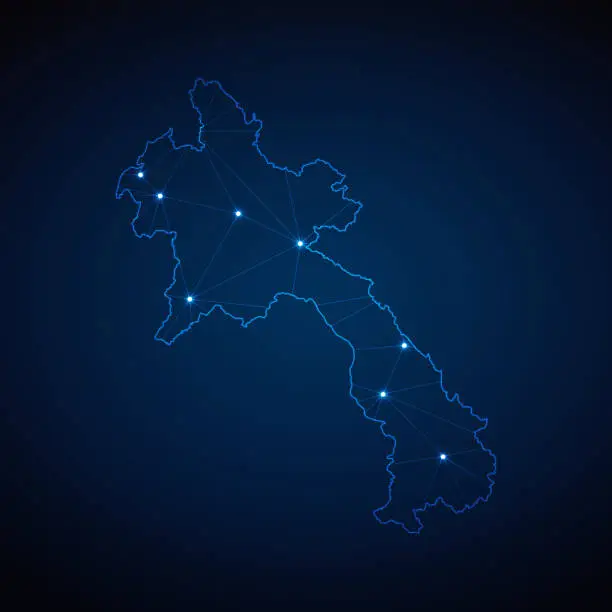 Vector illustration of Abstract wireframe mesh polygonal map of Laos with lights in the form of cities on dark blue background. Vector illustration EPS10