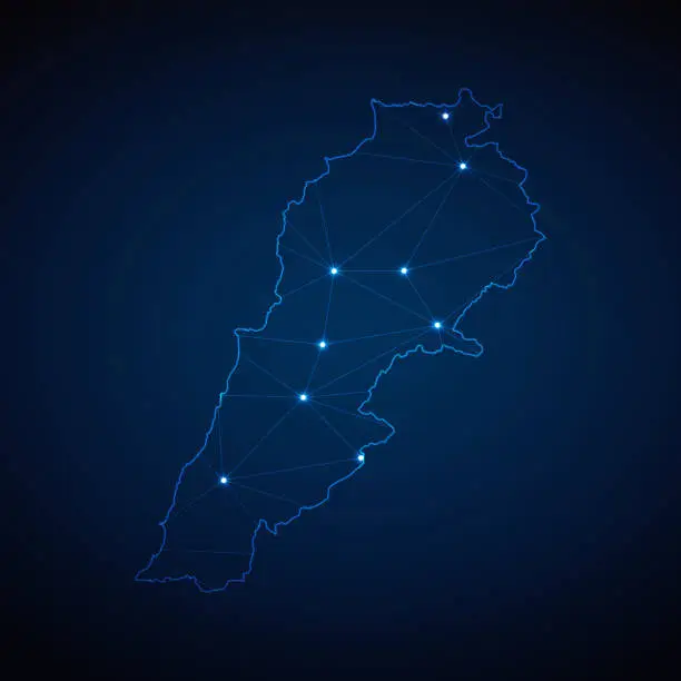 Vector illustration of Abstract wireframe mesh polygonal map of Lebanon with lights in the form of cities on dark blue background. Vector illustration EPS10