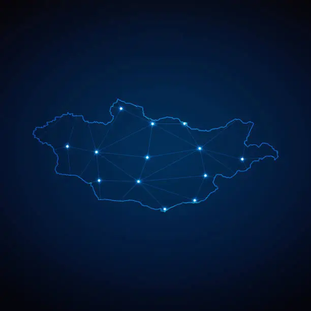 Vector illustration of Abstract wireframe mesh polygonal map of Mongolia with lights in the form of cities on dark blue background. Vector illustration EPS10