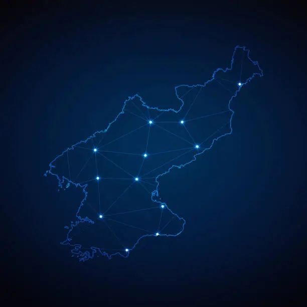 Vector illustration of Abstract wireframe mesh polygonal map of North Korea with lights in the form of cities on dark blue background. Vector illustration EPS10