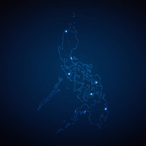 ilustrações, clipart, desenhos animados e ícones de mapa poligonal abstrato de malha wireframe das filipinas com luzes na forma de cidades em fundo azul escuro. ilustração vetorial eps10 - philippines map manila philippines flag