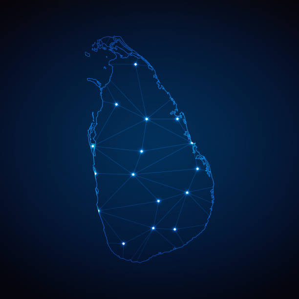 istock Abstract wireframe mesh polygonal map of Sri Lanka with lights in the form of cities on dark blue background. Vector illustration EPS10 1882050962