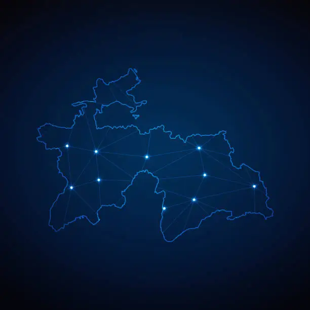 Vector illustration of Abstract wireframe mesh polygonal map of Tajikistan with lights in the form of cities on dark blue background. Vector illustration EPS10