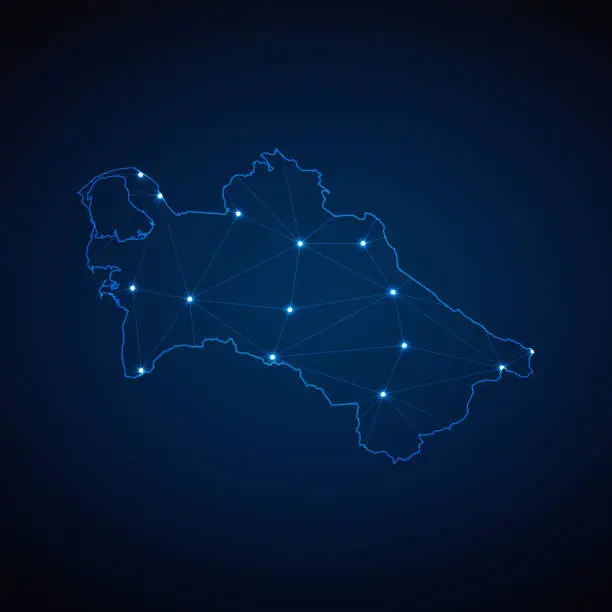 Vector illustration of Abstract wireframe mesh polygonal map of Turkmenistan with lights in the form of cities on dark blue background. Vector illustration EPS10