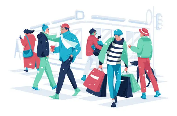 Vector illustration of winter city pedestrian crossing people crowd. Vector flat illustration