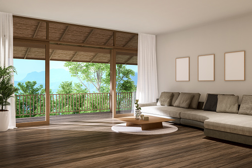 Modern contemporary living room overlooking wooden terrace and nature view 3d render, The view from inside of the room overlooks the wooden eaves and mountain views