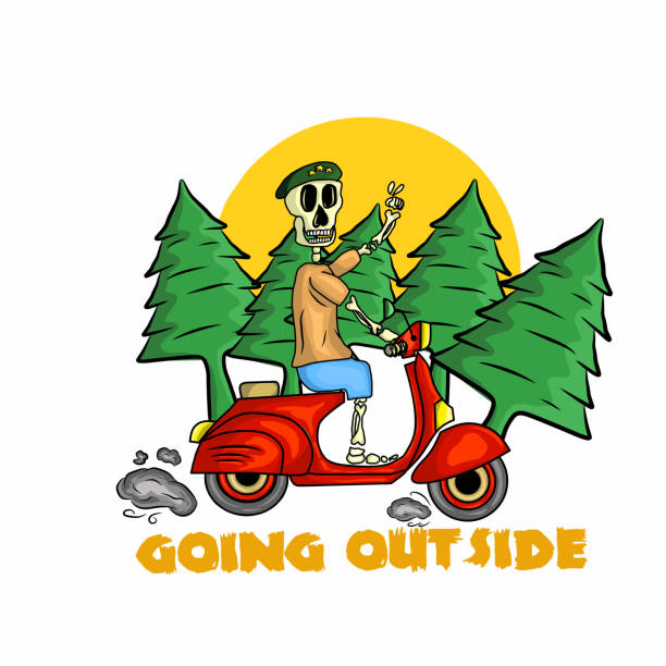 skull riding a Vespa motorbike enjoying nature vector illustration of a skull riding a Vespa motorbike enjoying nature helicopter free drawing stock illustrations