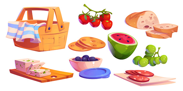 Picnic basket with blanket for park party cartoon set. Cloth in hamper for nature recreation and takeaway lunch food game object collection. Cutboard with cheese, tomato, watermelon and grape element