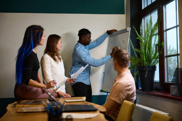 istock Man suggesting his business strategy drawing graphs on flipchart 1882112702