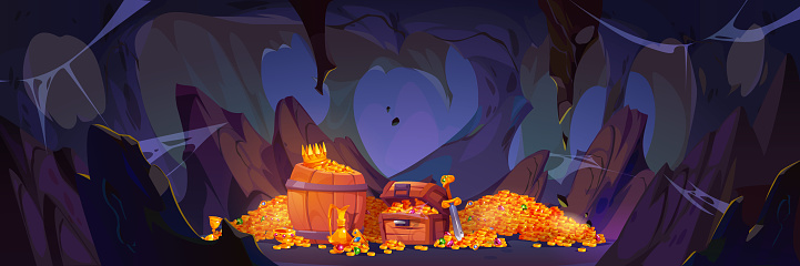 Gold coin and treasure in mine cave vector cartoon background. Pile of golden pirate money with chest and crown in underground mountain trove. Ancient abandoned location with barrel, sword and jewel