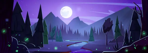 Vector illustration of Night mountain forest with river and pine tree