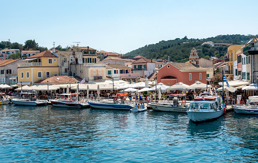 Gaios, Greece - August 20, 2023. The port of Gaios, the capital of the Greek island of Paxos, nearby Corfu island, Greece