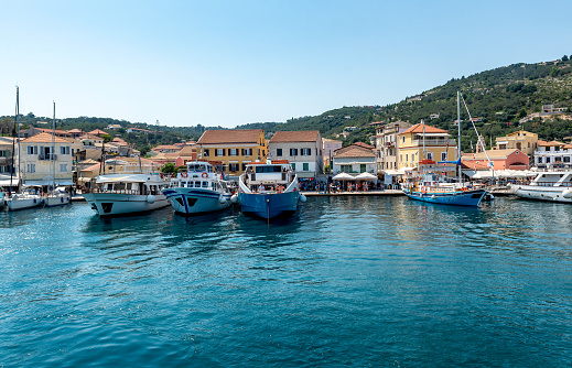 Gaios, Greece - August 20, 2023. The port of Gaios, the capital of the Greek island of Paxos, nearby Corfu island, Greece