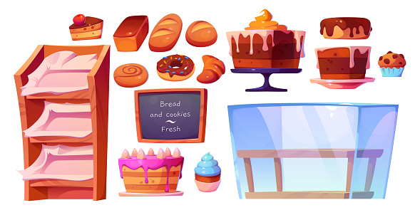 Bakery shop interior elements - cartoon glass showcase and shelves for baking, fresh bread and buns, sweet pastries, cakes and desserts. Vector set of bakeries store production and furniture.