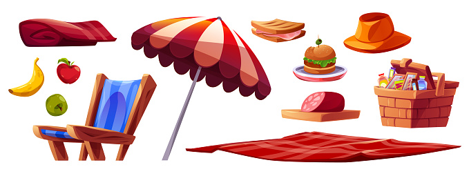 Picnic basket, food and blanket summer cartoon set. Fruit and sandwich for party lunch setup. Isolated clipart collection to construct nature recreation with umbrella, towel, chair and meal png