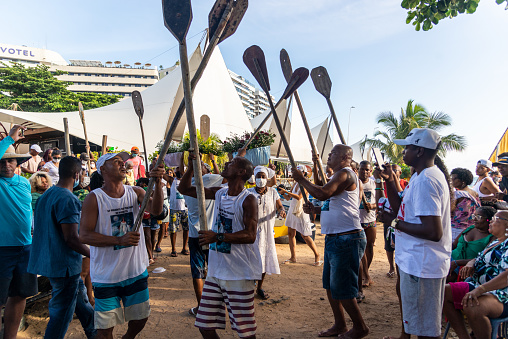 Salvador, Bahia, Brazil - January 30, 2022: Candomble members pay tribute to Iemanja in the city of Salvador, Bahia.
