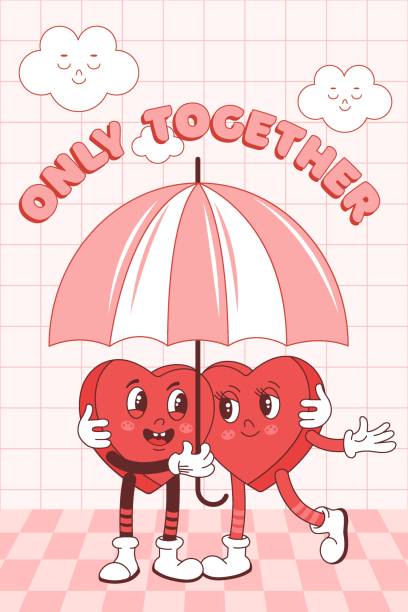 istock Valentines day greeting card.Valentine's day.Groovy retro two lovers hugging hearts under an umbrella and text. Vector Hippie happy hearts in retro cartoon style. Vintage hearts in retro cartoon style and text. 1882155781