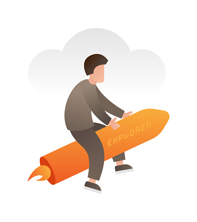 Gradient style vector character posing with rocket.