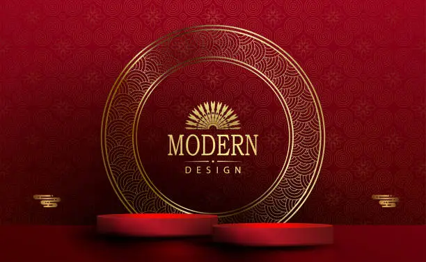 Vector illustration of Red illustration with a round podium and a golden round frame with a pattern