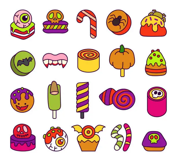 Vector illustration of Halloween sweet candies. Party food. Hand drawn style. Vector drawing. Collection of design elements.