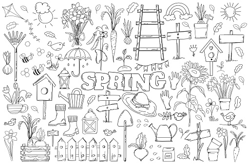 Hand-Drawn Vector Set Of Doodles Coloring Page antistressRelief On A Spring Theme, Featuring Flowers, Garden Tools, And Birdhouses, Serves As A Coloring Book