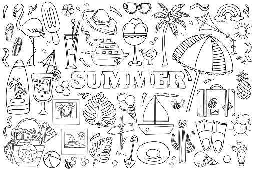 Hand-Drawn Vector Doodle Set For A Summer-Themed Anti-Stress Coloring Page, Featuring The Sea And Everything Needed For Summer Relaxation In A Coloring Book