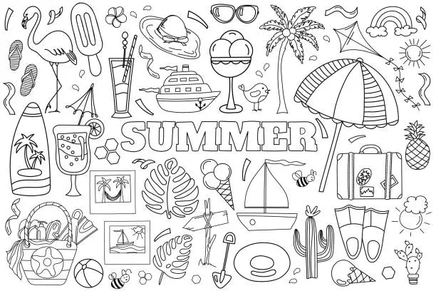 Vector illustration of Hand Drawn Vector Doodle Set, Summer-Themed Anti-Stress Coloring Page Featuring Sea And Vacation Elements