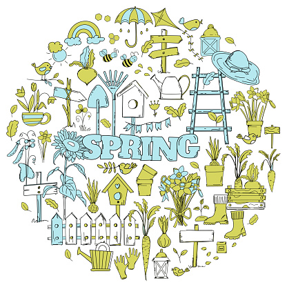 Hand-Drawn Vector Set Of Doodles On A Spring Theme, Featuring Flowers, Garden Tools, And Birdhouses