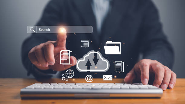 istock Hand touch on search bar, Global Internet connection. Business global internet connection application technology and digital marketing, Financial and banking, Digital link tech, big data. 1882226099