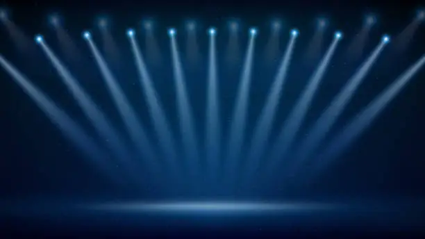 Vector illustration of Stage, spotlight. Blue backdrop, background for displaying products. Bright spotlights. Glowing light spot on scene. Shining stage blue lights with ramp illumination. Vector illustration