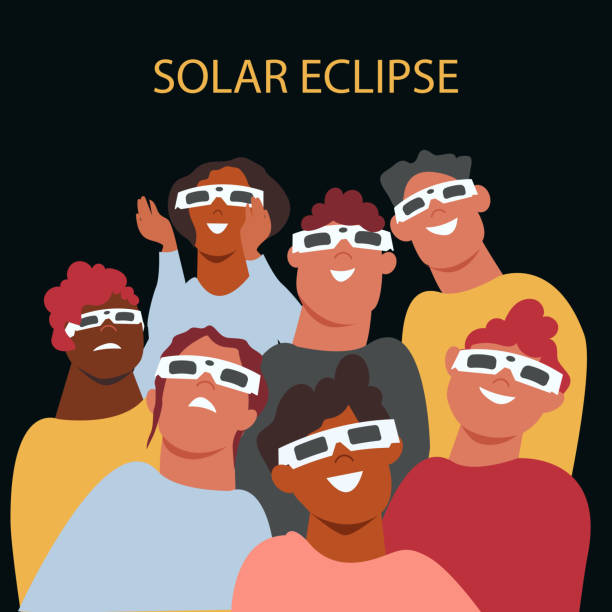 Solar eclipse.Poster template, web banner, or card.vector illustration. Solar eclipse. Group of joyful people with protective glasses looks at the solar eclipse. Poster template, web banner, or card.vector illustration. eclipse stock illustrations