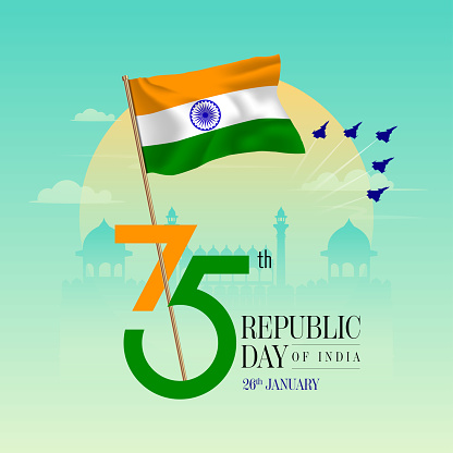 26 january 75th Republic Day of India design with indain flag,  jets and redfort monument illustration heritage.