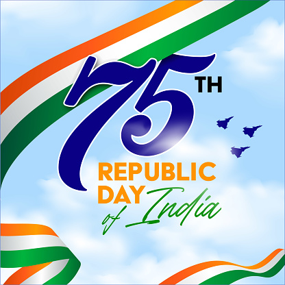 75 years of Indian republic day celebration background, logo, typography with tricolor flag and confetti. Vector Illustration