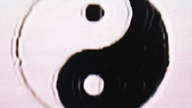 Yin Yang Balance Icon Distorted on Electronic Screen. Pixelated Sign Glitching