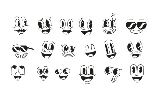 ilustrações de stock, clip art, desenhos animados e ícones de smiling retro cartoon character faces thin line vector icons - face humana