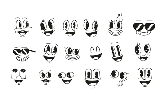 Smiling retro cartoon character faces thin line vector icons set on white background. Happy facial expression graphic constructor elements